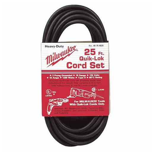 Milwaukee® QUIK-LOK™ 48-76-4025 Extension Cord, 120 VAC, 10 A, 18 AWG, NEMA 1-15P